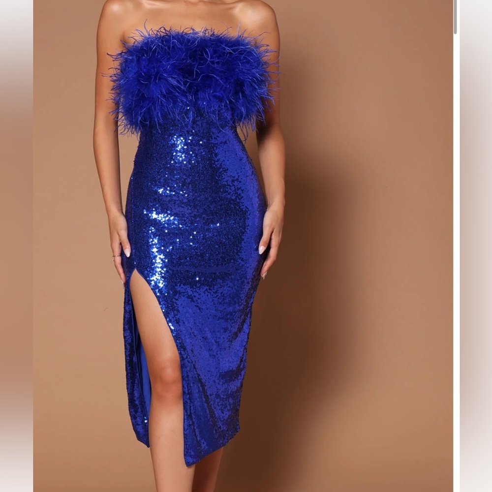 Blue sequin midi dress with feathers